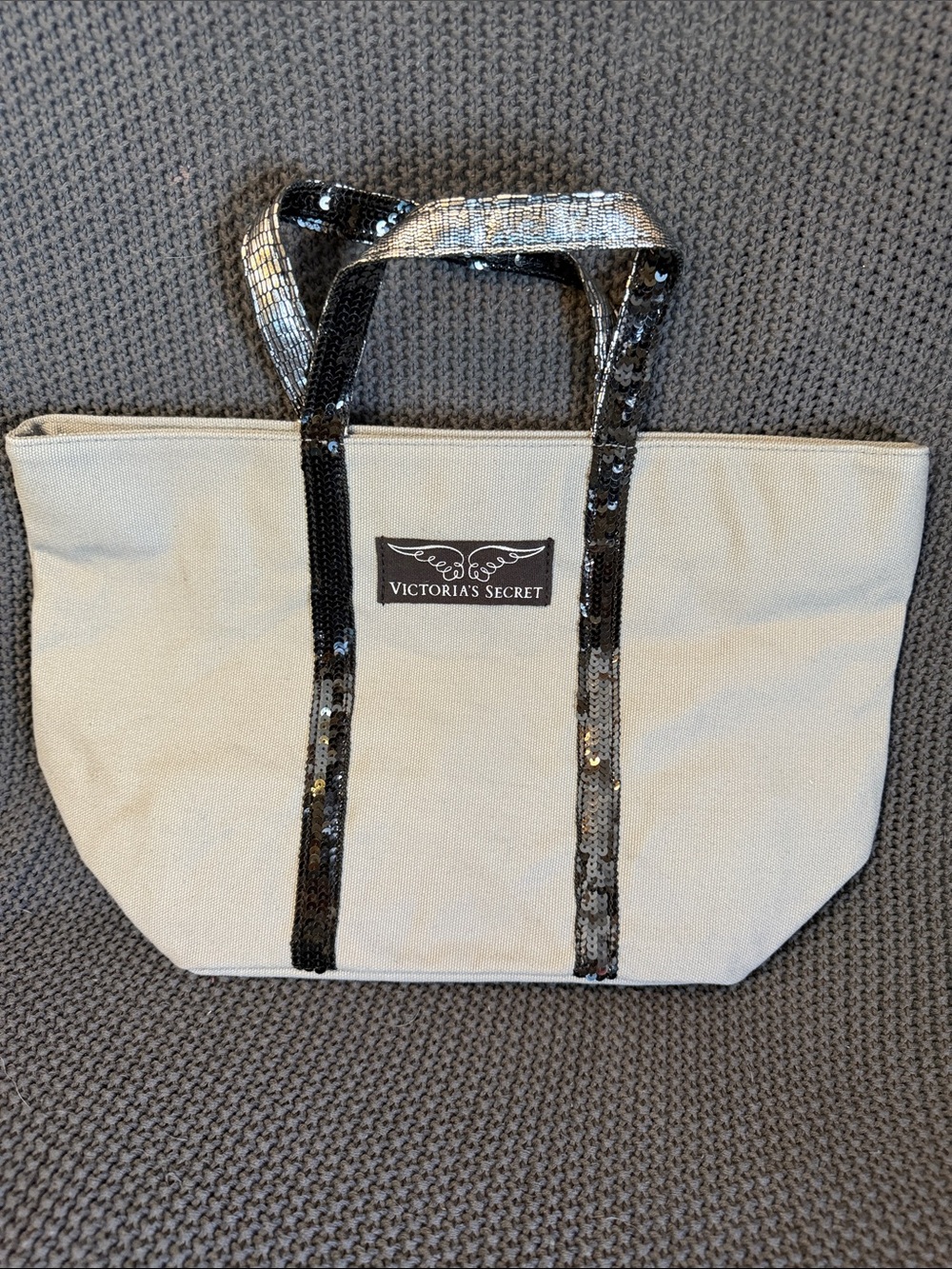 Victoria's Secret Gray Canvas Tote with Black Sequin Straps